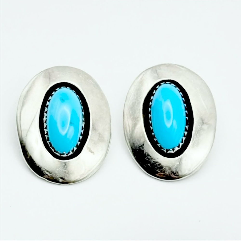 Vintage VT Tsosie Sterling Silver Turquoise Shadowbox Earrings - Clip On